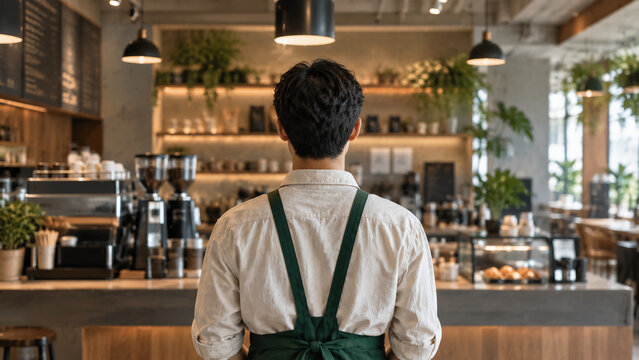 A barista stands behind a coffee counter in a modern cafe, ready to serve customers amid warm lighting and green plants.