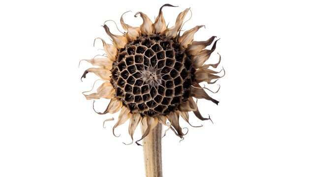 Sunflower head dried and empty of seeds stands vertically against a plain white background.