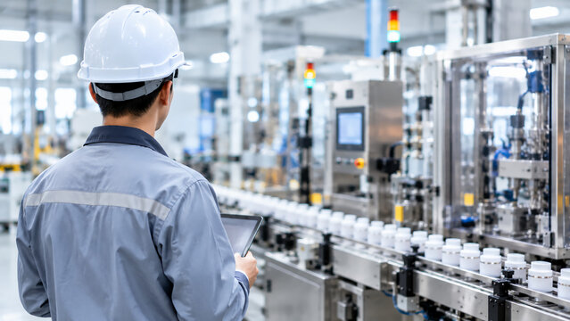 Worker in a hard hat monitors automated production line in a modern manufacturing facility with tablet and machinery.