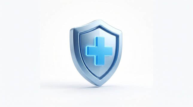 3D medical protection icon. A sleek metallic blue shield with a glowing medical cross in the center, symbolizing health security, insurance, and safety.