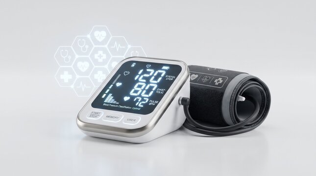 Smart digital blood pressure monitor. Displays 120/80 mmHg and pulse 72 BPM. Classified as "Optimal" with sleek white design, memory function, and black cuff.