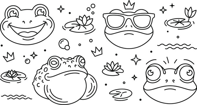 Cute cartoon frog vector face set with cool frog prince toad sunglasses lily pads and line art doodles