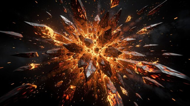 A fiery explosion shatters molten rock and debris, radiating intense heat and dynamic energy against a dark background.