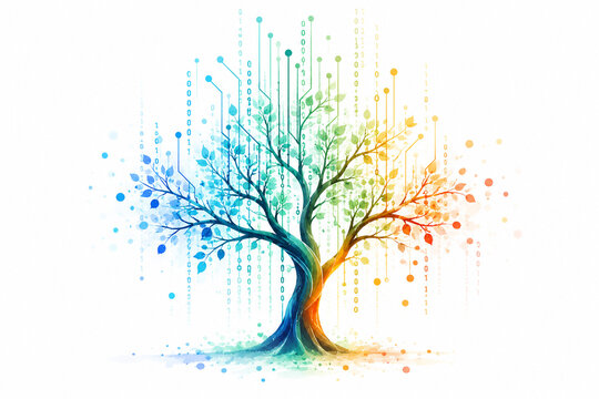 AI generated colorful digital tree circuit branches binary data natural leaves representing technology innovation sustainability connectivity future growth
