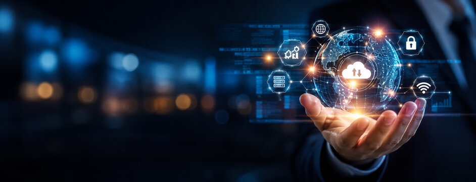 AI generated hand holding glowing digital globe cloud computing security server wireless icons representing global technology network data connectivity