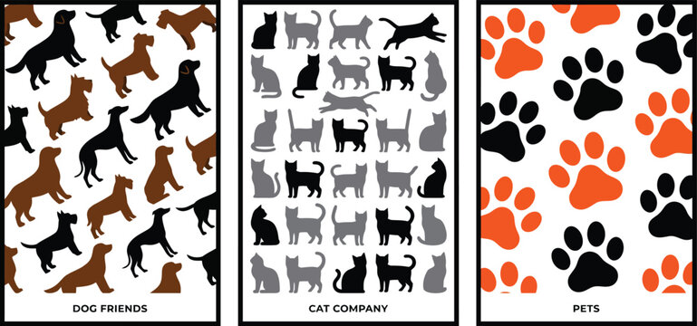Set of three posters with dogs cats and paw prints pattern