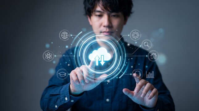 Asian man interacting with futuristic digital cloud computing interface displaying glowing data network symbols and circular UI elements in modern technology concept digital interface