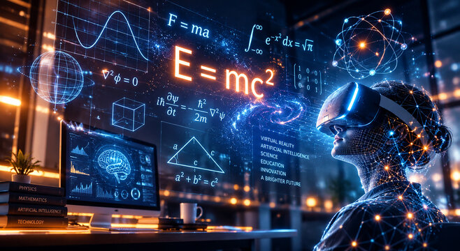 AI generated student using virtual reality physics equations mathematics formulas digital graphs scientific interfaces representing immersive education technology
