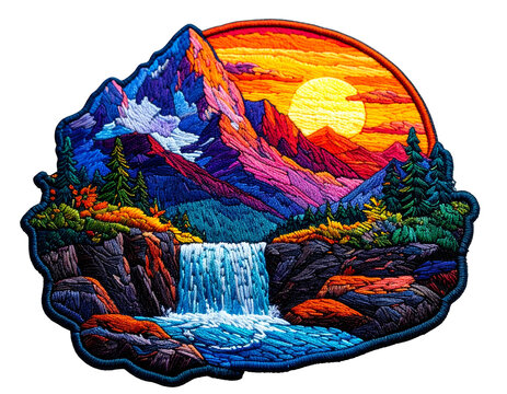 Oval embroidered patch of scenic mountain sunset.