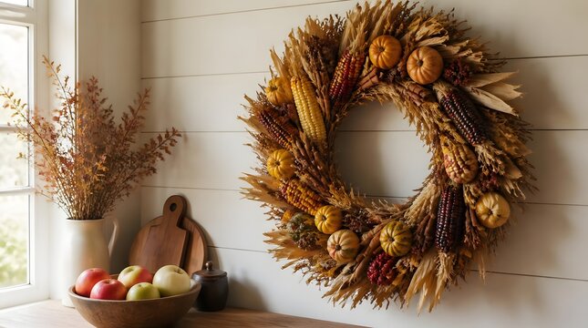 Rustic corner scene with harvest wreath dried wheat stalks vase apples wooden bowl indoor white shiplap walls