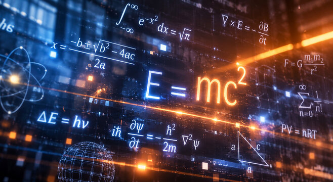AI generated glowing physics equations mathematics formulas atom diagrams scientific symbols futuristic digital interface representing science education research