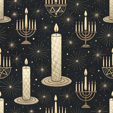 A seamless holiday pattern featuring glowing lit candles in brass holders, multi-branched menorah candelabras, and shining starbursts against a dark background in an ornate design.