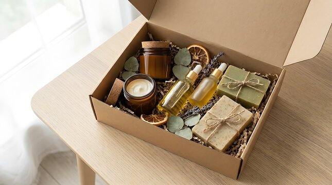 Natural organic spa gift box with handmade soap bars and scented candles for relaxing home wellness. glowing skin boxes