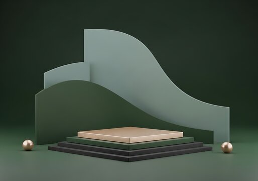 Minimalist abstract glass platform with green hill