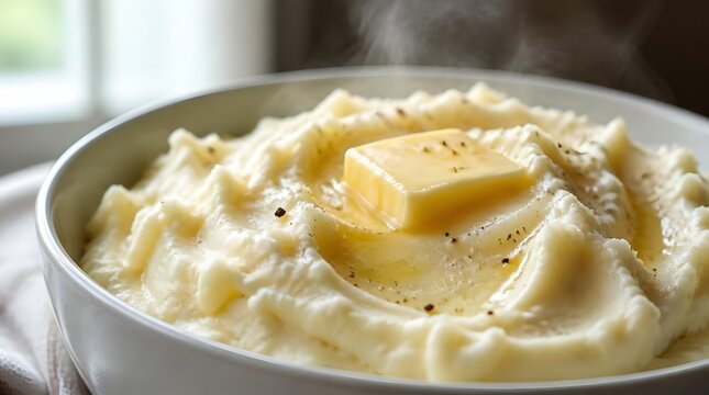Creamy mashed potatoes butter melting black pepper white bowl indoor window natural light food
