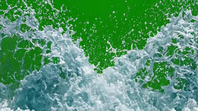 Animated ocean wave crashing with white foam and spray on green screen background for video editing, motion graphics compositing, coastal travel visual effects elements.
