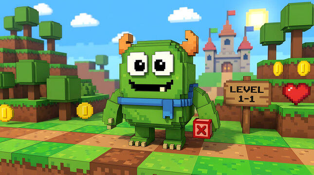 A cute green pixel art monster standing in a colorful 3D video game world.