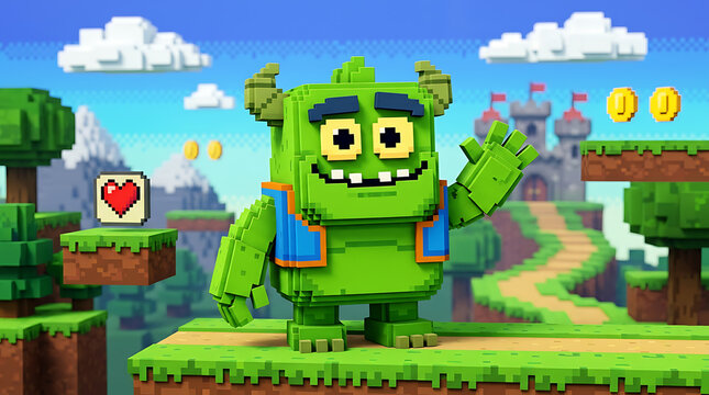 A friendly green pixel art monster character waving in a vibrant 3D video game world.