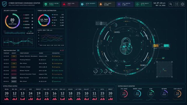 Motion graphic of a complex cybersecurity dashboard displaying a glowing padlock security ui with real time threat monitoring data and digital defense analytics.