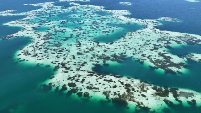 Calcareous algae and white sand forms abstract patterns in Kakaban Lake amid the Derawan Islands, Indonesia. This marine lake, surrounded by limestone, harbors four species of harmless jellyfish.