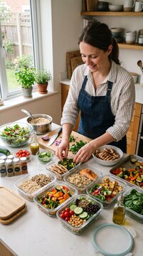 A woman in an apron smiling and preparing healthy meals in a home kitchen. She is adding herbs to a bowl filled with chicken and vegetables.