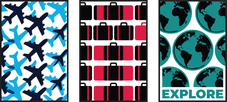 Set of three travel posters with airplanes bags and globes