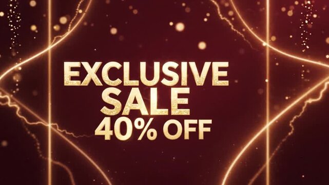 Exclusive sale forty percent off promotional text animation with glowing golden particles and dynamic light streaks in digital video motion