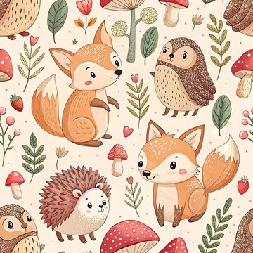 A seamless woodland pattern featuring cute cartoon foxes, hedgehogs, owls, mushrooms, and leafy branches on a light beige background in a soft nursery art style.