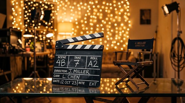 Professional Movie Clapperboard and Director Chair on a Cinematic Film Set Background
