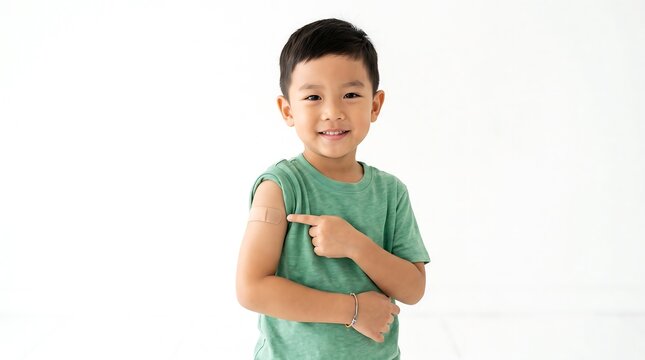 Smiling young boy shows off vaccination band-aid on his arm, proud of his health protection