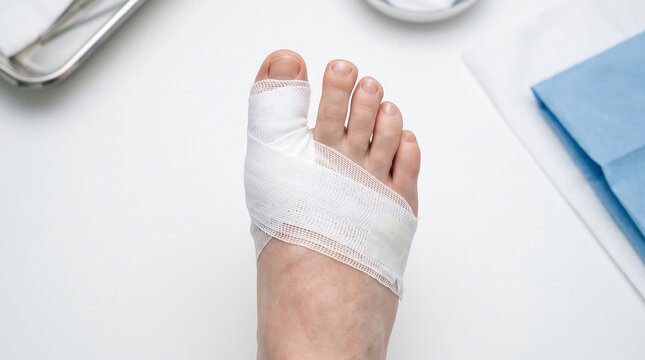 Close-up of a bandaged injured human foot with dressed big toe in hospital