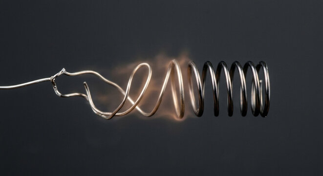 Nitinol shape memory alloy wire uncoiling into original spring shape under thermal activation, macro photograph of smart material transition, engineering technology concept