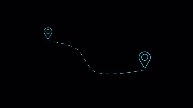  Dashed line curving across, connecting two red location pin icons. Route between two points navigation, journey, travel, mapping technology, logistics, location pin appearing. Animation of white map 