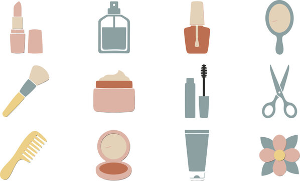 Boho cosmetic icons set, 12 minimalist beauty vector elements, muted earth tone makeup and skincare illustrations for branding