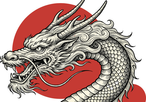 Traditional Japanese Dragon Head Vector Illustration with Red Sun Background, Hand Drawn Oriental Mythical Creature Ryu Tattoo Design, Vintage Asian Folklore Line Art Engraving Style