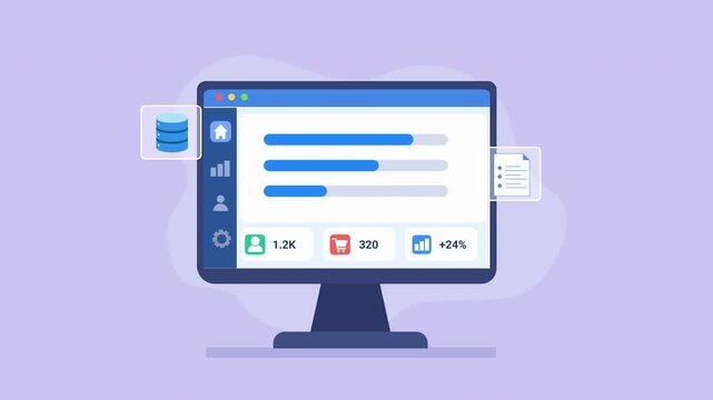 Animated video showing a computer monitor with a digital data management dashboard, progress bars, database, and document icons on a soft purple background.