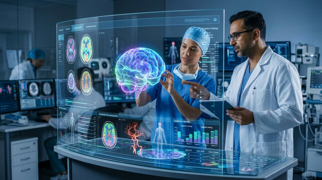 Male and female medical professionals analyzing a three-dimensional holographic brain model and digital MRI scans on a transparent interface in a high-tech laboratory.