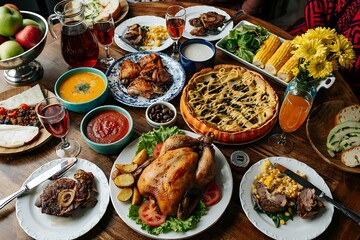 Fototapeta premium Abundant Thanksgiving Feast Table Spread with Roasted Chicken Pie Corn and Drinks Top View