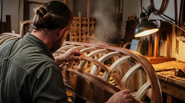 Caucasian canoe builder steam bending wood over the shoulder shot workshop tools