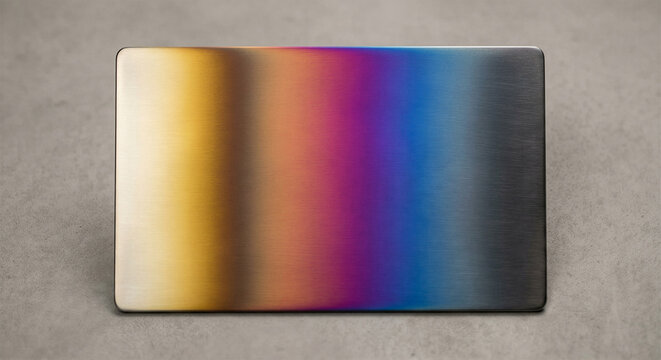 Polished stainless steel plate with heat oxidation color gradient rainbow temper spectrum macro studio shot