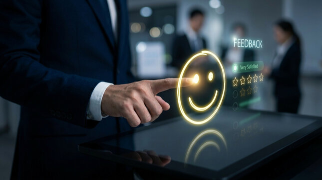 Close-up of a professional in a suit interacting with a digital touchscreen display showing a glowing yellow smiley face icon, feedback text, and five-star satisfaction ratings.