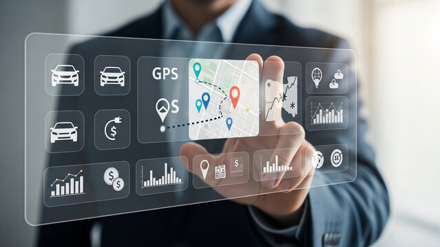 Businessman hand touching a transparent digital hologram interface featuring a GPS navigation map with location pins, vehicle tracking icons, financial data charts, and telematics systems.