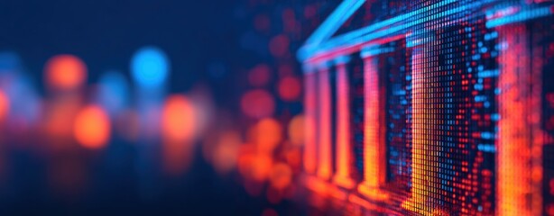 Obraz premium Classical building columns with glowing data pixels representing digital finance and secure modern banking infrastructure for financial technology concepts