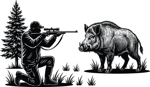 Black and white vector illustration of a professional hunter kneeling and aiming a scoped rifle at a wild boar in a forest setting. Perfect for outdoor sports and hunting club graphics.