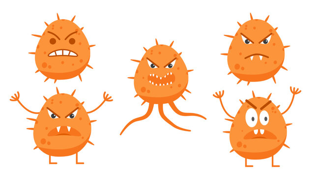 Set of angry orange pathogen bacteria microorganism cell characters with tentacles vector illustration collection for microbiology lab health infection epidemiology theme