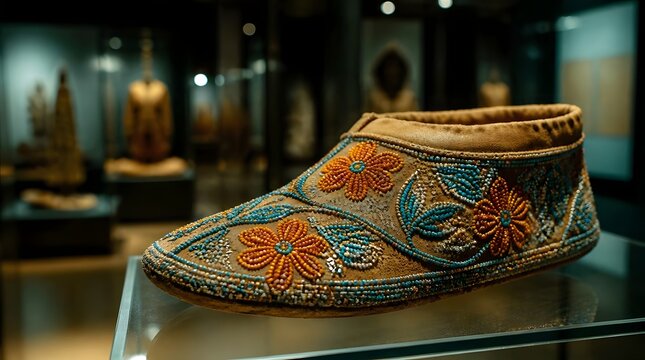 Beaded moccasin on museum display case intricate floral patterns vibrant orange blue beadwork craftsmanship art exhibition cultural heritage