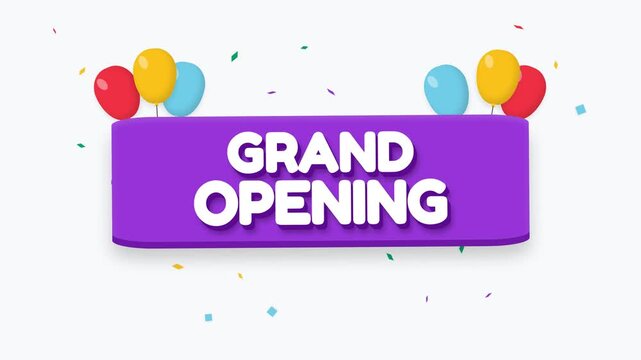 Grand Opening Purple Banner Graphic with Balloons and Confetti