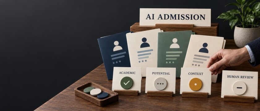 Responsible AI trust process featuring human oversight and academic card review on a wooden desk for institutional governance and compliance presentations