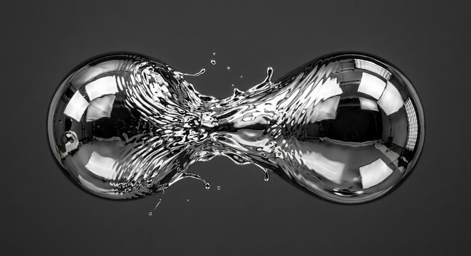 Liquid metal spheres merging mid-air with chrome surface tension ripples and studio light reflections for abstract technology background concept