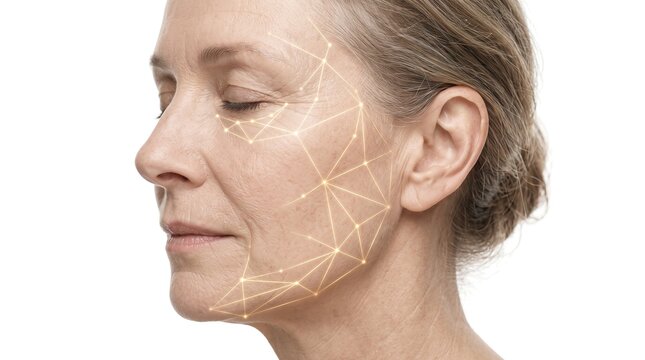 Senior woman profile with digital geometric wireframe mesh on face showing anti aging concept